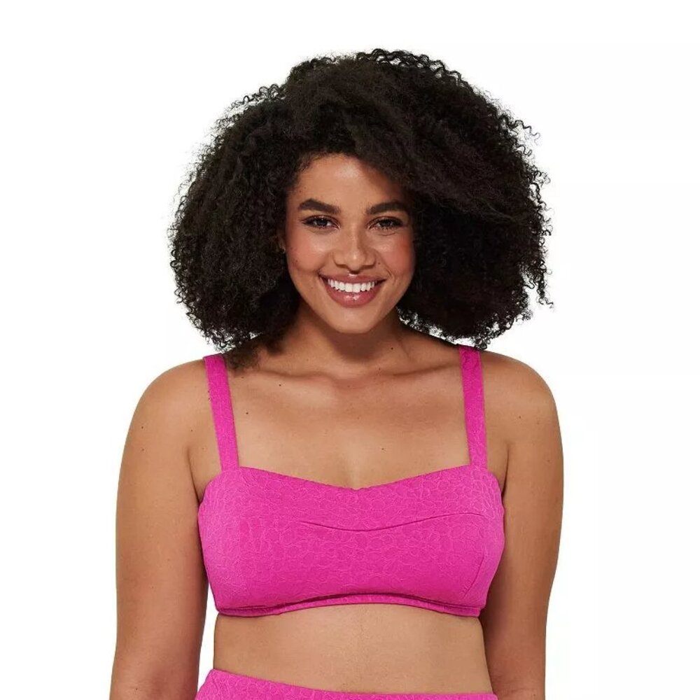Freshwater Wide Strap Bandeaukini Swim Top Plus Size 2X Pink Floral Jacquard